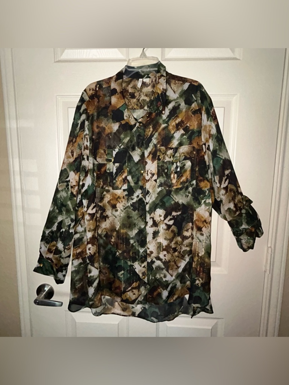 Cato Sheer Camouflage Blouse 18/20W Roll Tab Sleeve Button Front